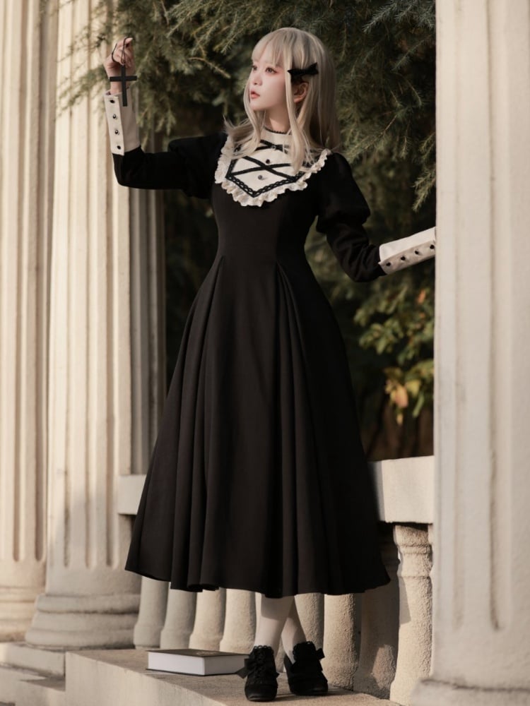 Schwarzes elegantes Juliette-Ärmelkleid Nonne Lolita Langarm Einteiler