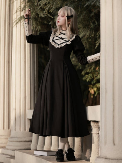 Schwarzes elegantes Juliette-Ärmelkleid Nonne Lolita Langarm Einteiler