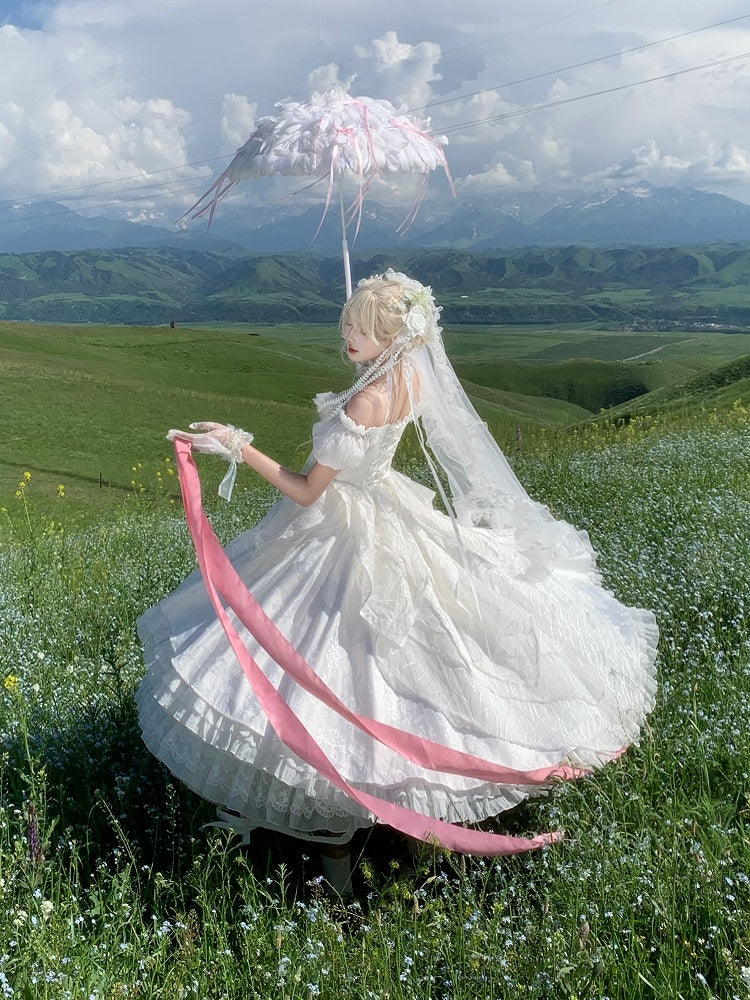 White Butterfly Motif Puff Sleeve Lolita Top and Asymmetrical Hem Skirt Set - Sweet Wood Lolita