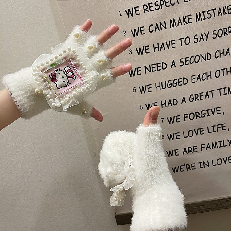 Schwarz/Weiße Plüschhandschuhe mit süßem Kätzchen-Print, Herzperlen, Spitzendetails