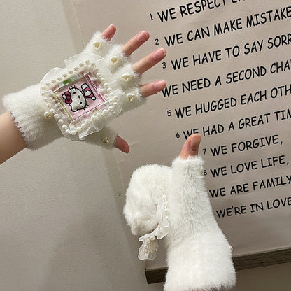Schwarz/Weiße Plüschhandschuhe mit süßem Kätzchen-Print, Herzperlen, Spitzendetails