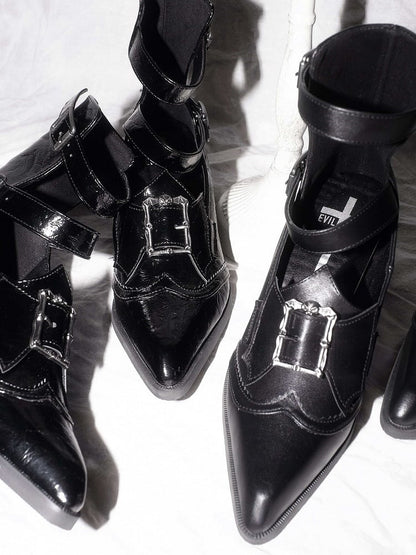 Heeled Pointed-toe Matte Black Bat Wing Details 5cm Bow - Buckle Gothic Shoes