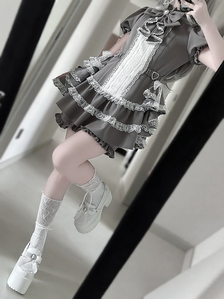 Dress Draped Sleeve Gothic Set: Kei Side Coord with Gray Jirai Puffy Train