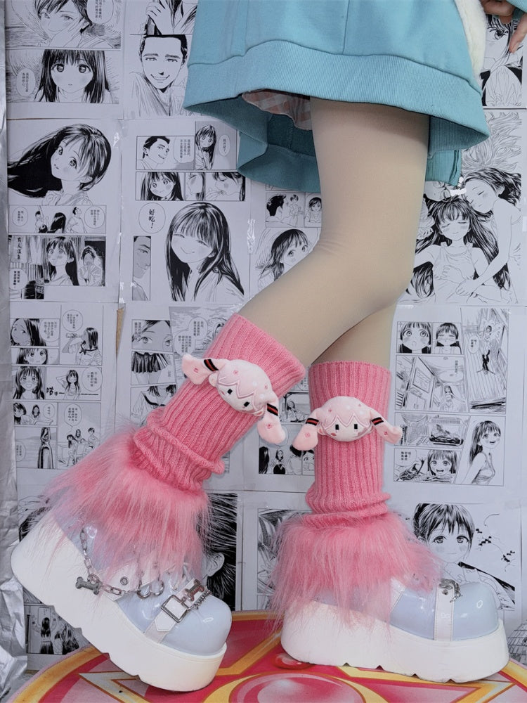 ピンクのシャギートリムニットレッグウォーマー