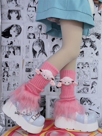 ピンクのシャギートリムニットレッグウォーマー