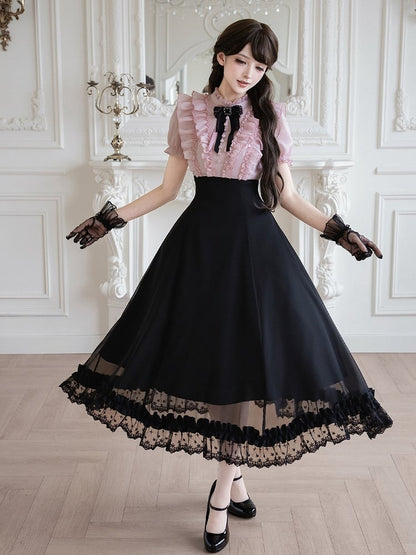 Pink Ruffled Blouse & Black Long Skirt Fake Two Pieces Lolita Dress - With PUJI