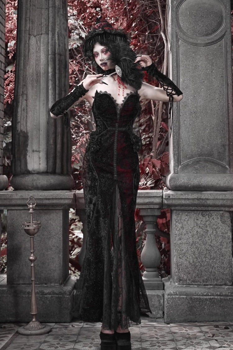 Black and Red Sleeveless High-Waisted Ruffle Lace Gothic Fishtail Dress