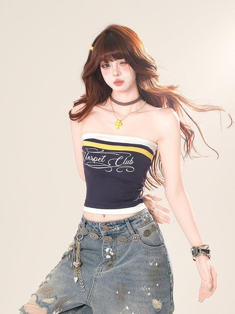 ネイビーブルー/ブラックレタープリントクロップドストラップレストップ