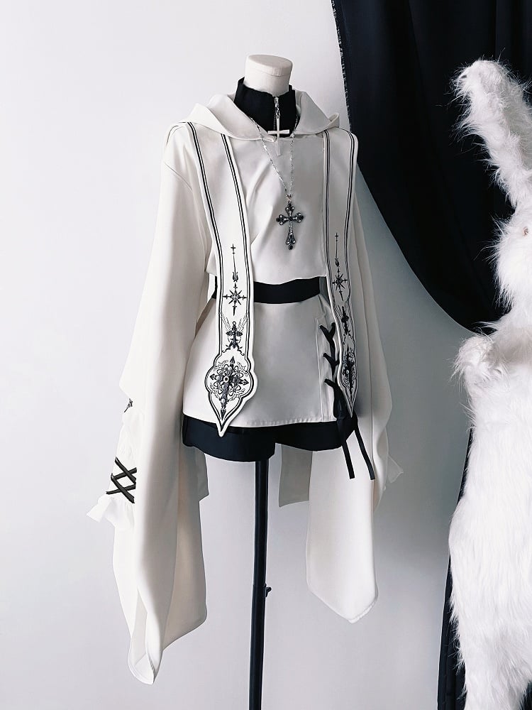 Fashion - Sleeveless Stoles Shorts Shirt + Full Sleeves Top Long Nun Ouji Lolita Hooded White Black Set