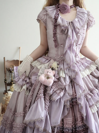 Placket Lolita Cascading Ruffle Front Light Straps Pink Self-tie Purple House Dress Style