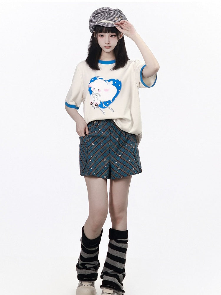 Blue Plaid Shorts with Glitter Star Pattern - PINK SAVIOR