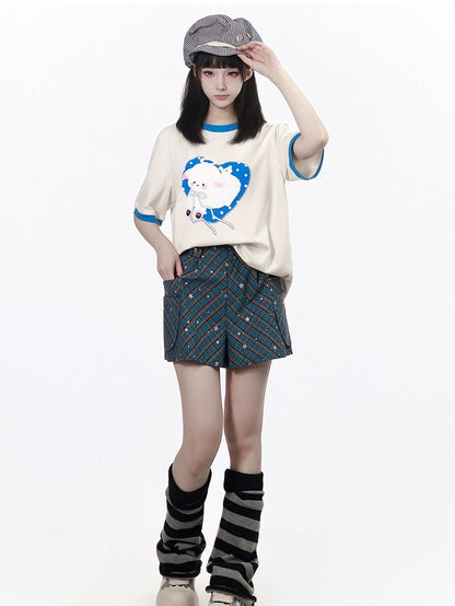 Blue Plaid Shorts with Glitter Star Pattern - PINK SAVIOR