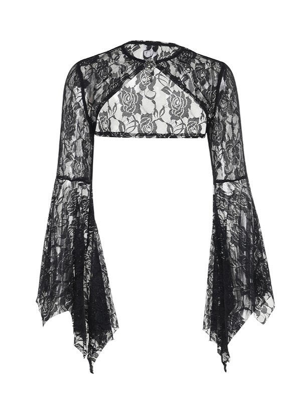 Embroidery Sleeve Floral Halloween Gothic Gem Shrug Batwing Lace with Bell Centerpiece Black