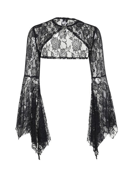 Embroidery Sleeve Floral Halloween Gothic Gem Shrug Batwing Lace with Bell Centerpiece Black