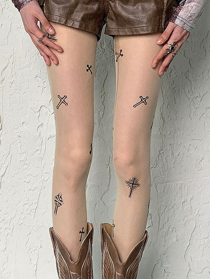 タイツプリントファッションギャルクロスY2Kパンクヌードウェイストランド