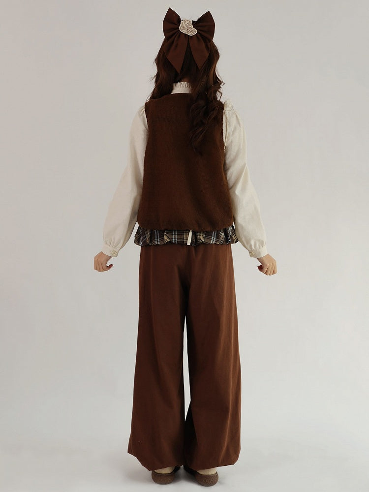and Plaid Pants Detail Wide-Leg Brown Pockets Ruffle with