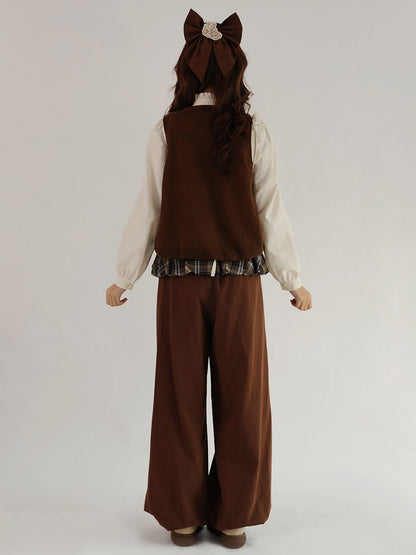 and Plaid Pants Detail Wide-Leg Brown Pockets Ruffle with