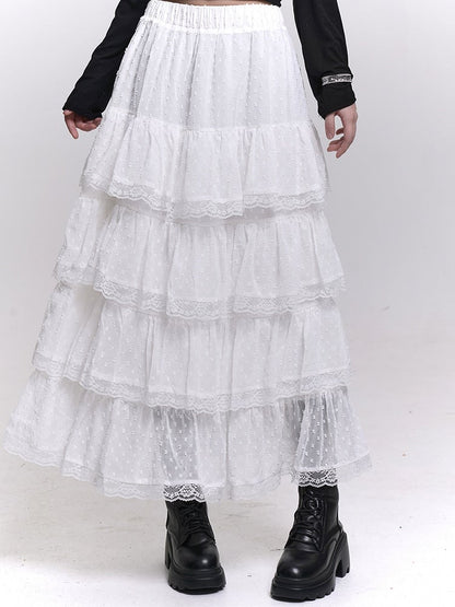 Length Tea Trim Chiffon Blue Mesh with White/Black/Light Tiered Lace Skirt