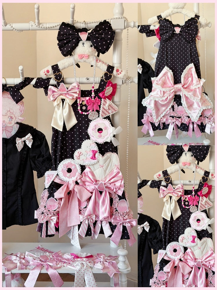 Polka Dot JSK in Black and Pink with Adjustable Straps and Bows - sedef