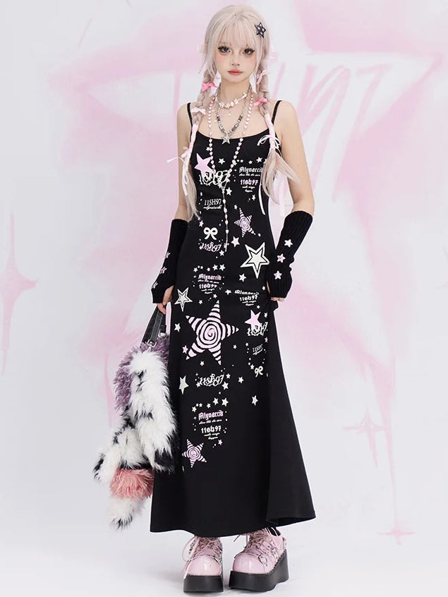 Black Y2K Stars Tea Length Cami Dress