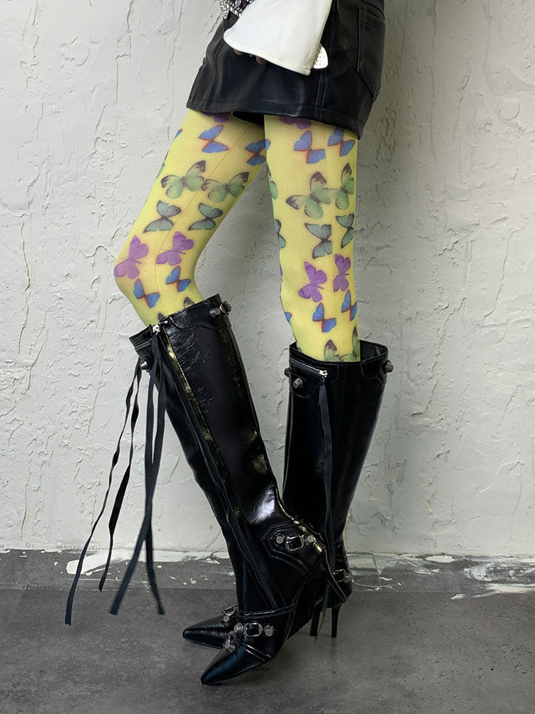 Hellgrüne Y2K-Schmetterlingsstrumpfhose