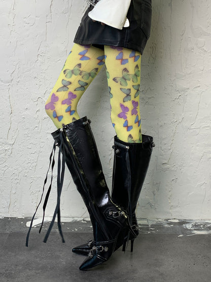 Hellgrüne Y2K-Schmetterlingsstrumpfhose