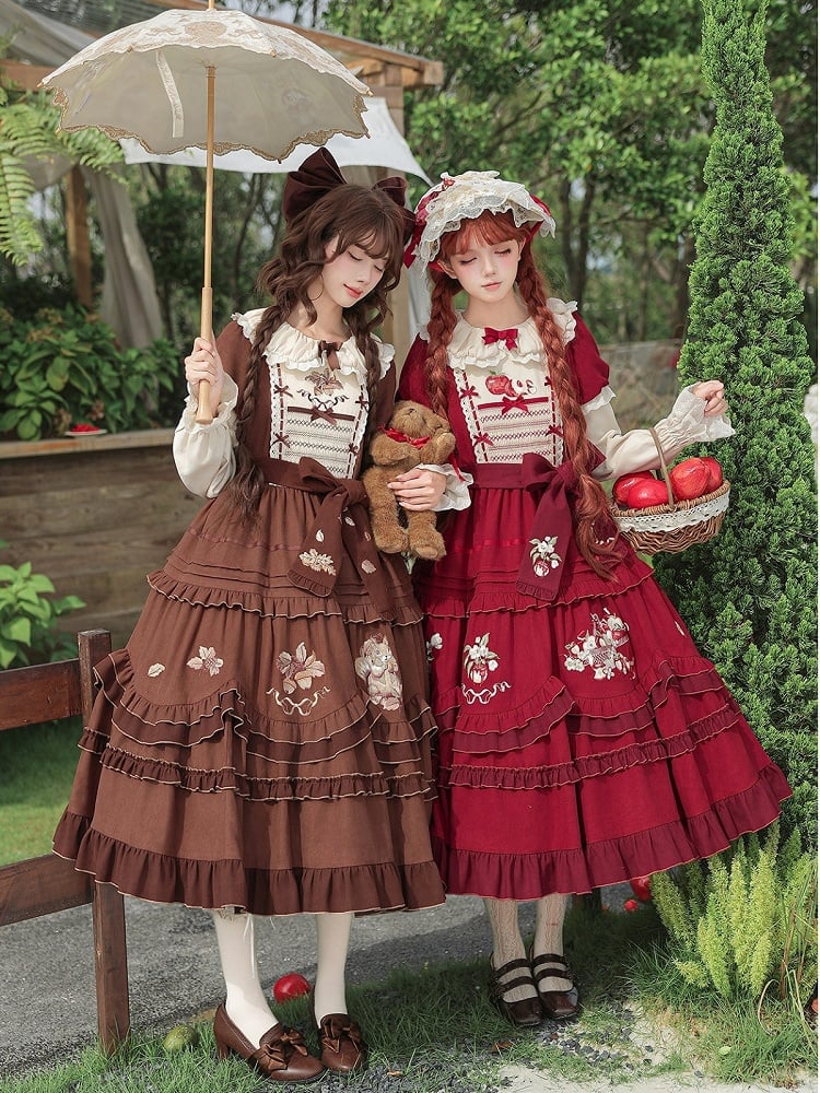 Brown Acorn & Squirrel Embroidered Lolita OP Dress with Peter Pan Collar, Ruffles, Belt, Brooch & Bow Hairclip - With PUJI