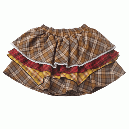 Tiered Skirt Hamburger Theme Pink/Brown Plaid Elastic Waist
