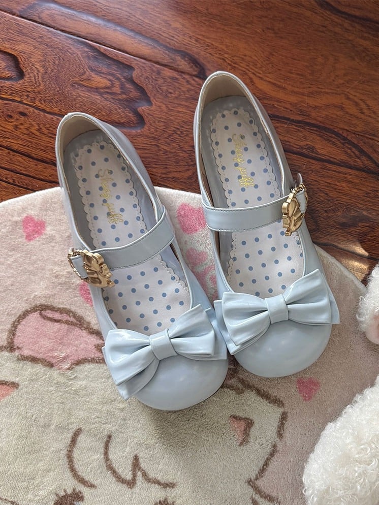 Heart Top Bow Buckles Sky at Hugging Bear Lolita Sweet Flats with Blue