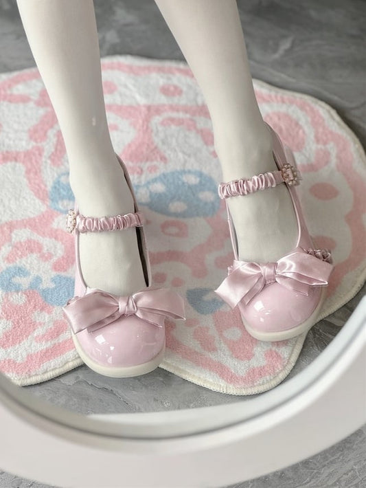 Mary Janes Baby Buckle Bow Gather Mid-heel Sweet - Pink Edging Accents with Lolita Beaded