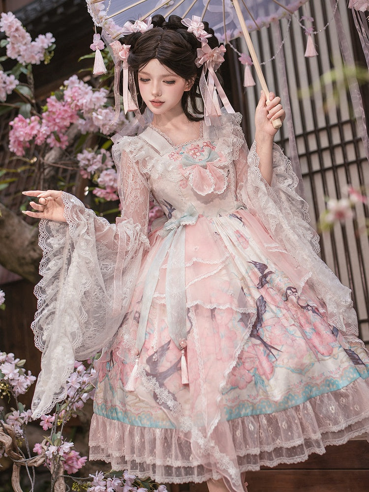 Pink Chinoiserie Lolita High Waist JSK Dress with Swallow and Peach Blossom Print - Dream Magic Box