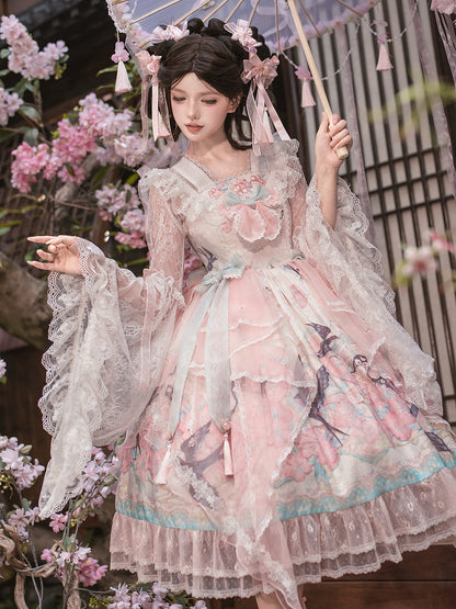 Pink Chinoiserie Lolita High Waist JSK Dress with Swallow and Peach Blossom Print - Dream Magic Box