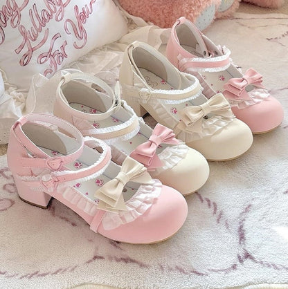 Sweet Lolita Pink Mid Heels with Ruffle Trim & Heart Snap Closure