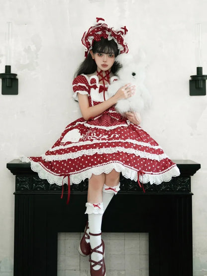 Red Pattern Neckline Plush Sweet Polka Dots Square Bunny Lolita Dress Ears