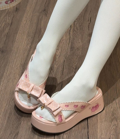 Lolita Top Print Wa Plattform Rosa Hausschuhe Erdbeere an Schleife