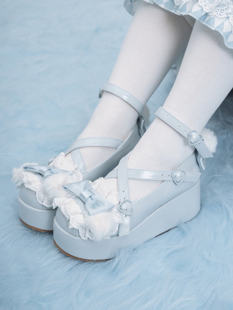 Blue Design at Decorated Top Bow Pompon Plush With Ear Crisscross Platforms Bunny