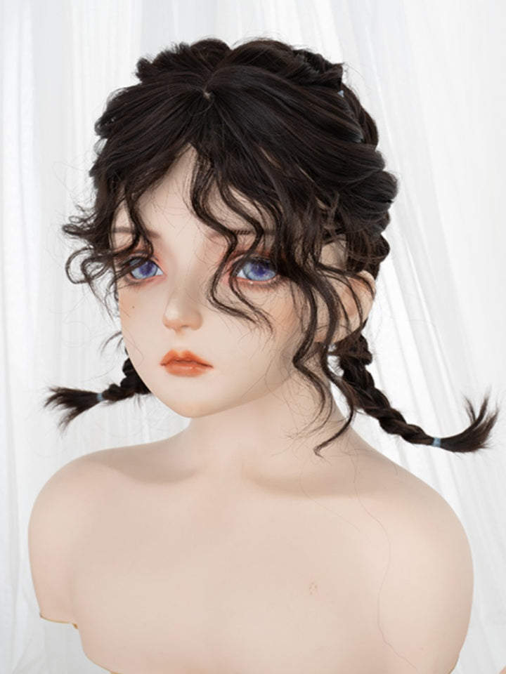 Schwarzbraune 40 cm schulterlange lockige Perücke mit Pony