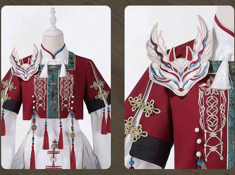 Wide Sleeves Chinese Knot Embroidery Han Lolita Dress Fox Patch Cropped Top Set - Unknown Star