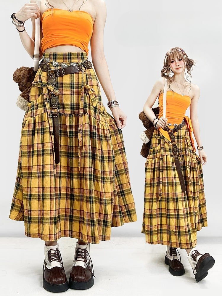 Y2K Details Plaid Bowknot Skirt Pattern Yellow