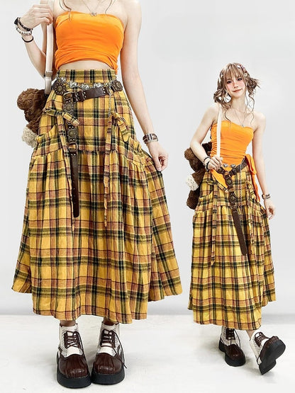 Y2K Details Plaid Bowknot Skirt Pattern Yellow