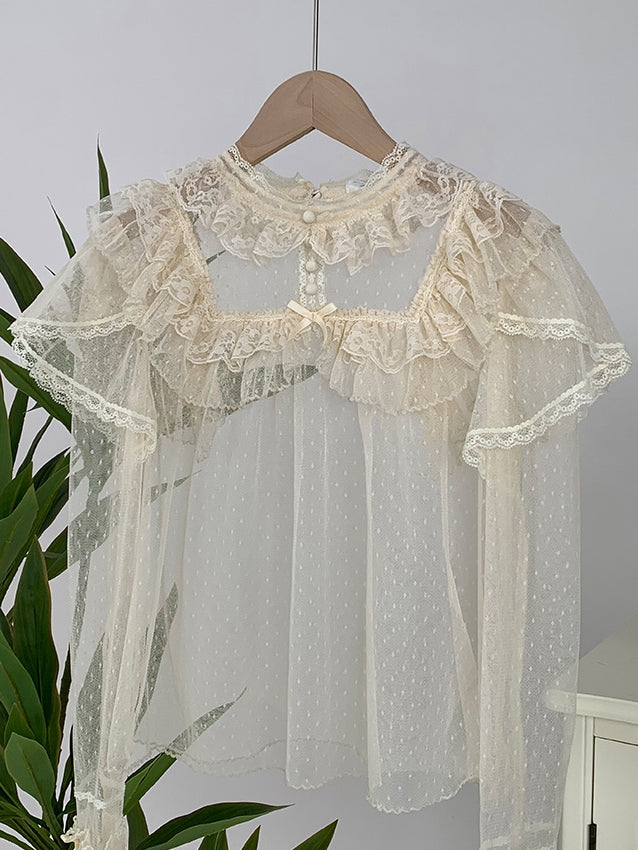 ロングチュールシアートップス レース ベージュスリーブ ドット