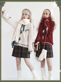 V-Neck White/Red Candy Embroidery with Pattern Sweater and Diamond Preppy