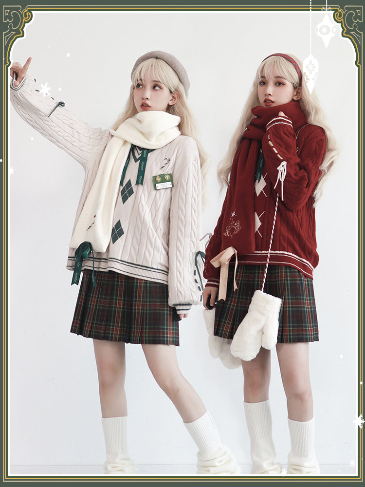 V-Neck White/Red Candy Embroidery with Pattern Sweater and Diamond Preppy