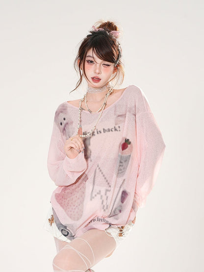 Erdbeerdruck Asymmetrischer Ausschnitt Weiß/Pink