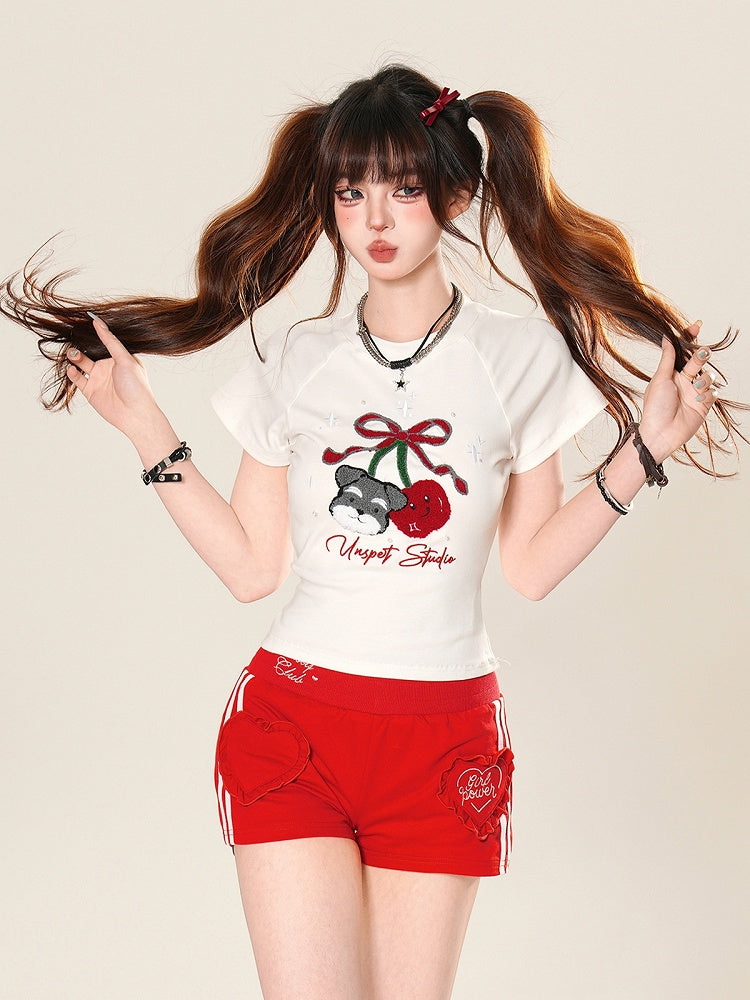 ぬいぐるみTシャツ パピー＆チェリー ホワイト/ブラック グラマラスアップリケ