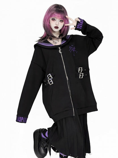 Purple Nautical in Collar Sailor - Jacket Style Black