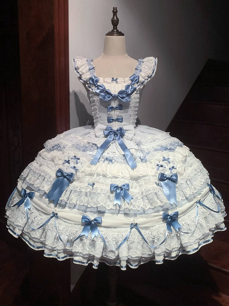 Blue Hanayome Lolita Layered Hime JSK Dress with Bow Accents - Starry Messenger