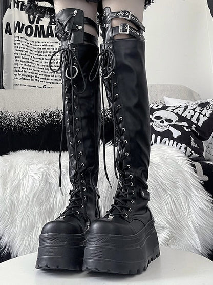 Star Boots Punk Thigh-high Strap Details Black Matte Y2K Platform