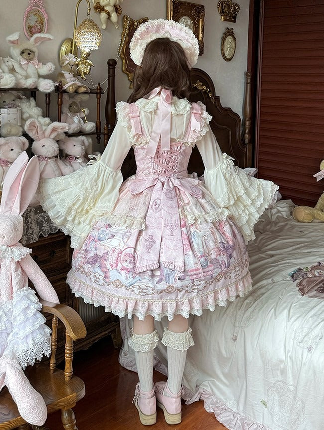 Sleeves Pink Cat Dress Flutter Trim and Bow Lace Print Accents Sweet with Lolita JSK