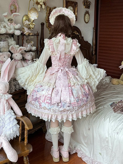 Sleeves Pink Cat Dress Flutter Trim and Bow Lace Print Accents Sweet with Lolita JSK